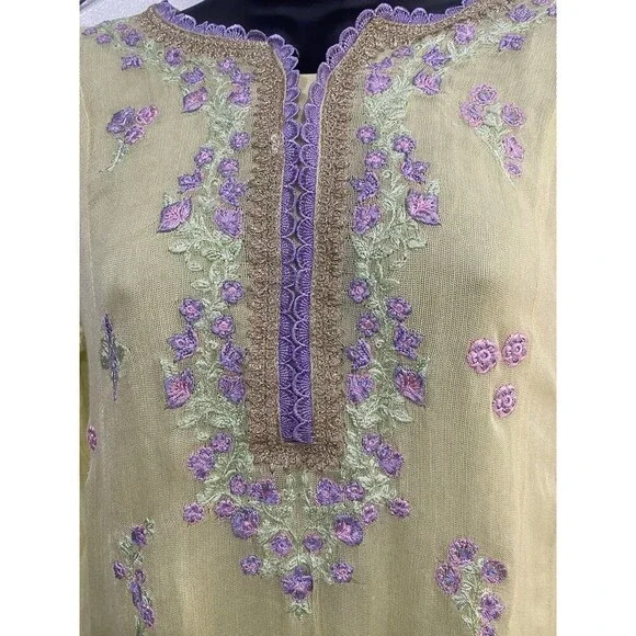 Agha Noor Afghanoor Yellow & Purple Embroidered Dress Size Medium Floral Lined - Picture 5 of 10
